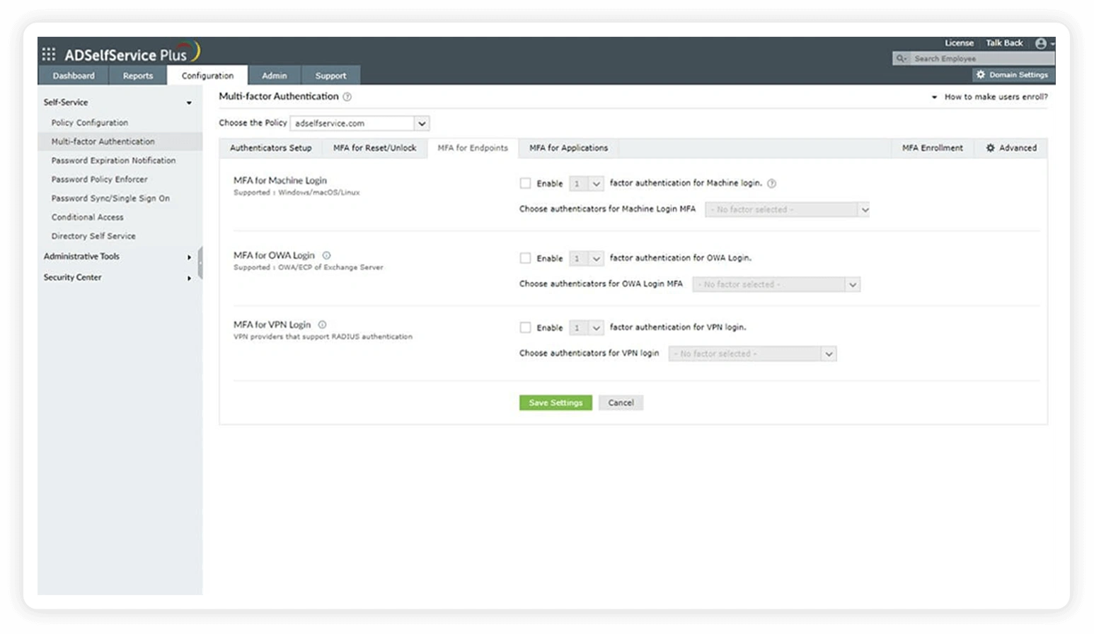 Configureer MFA voor eindpunten in ADSelfService Plus om naleving van NIST te bereiken.