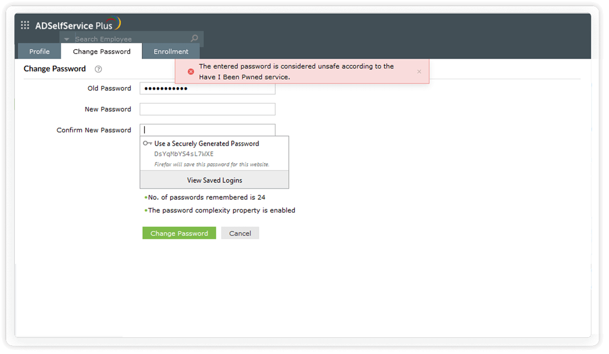 Een afbeelding die laat zien dat ADSelfService Plus kan voorkomen dat gebruikers wachtwoorden instellen die zijn geschonden dankzij de integratie met Have I Been Pwned