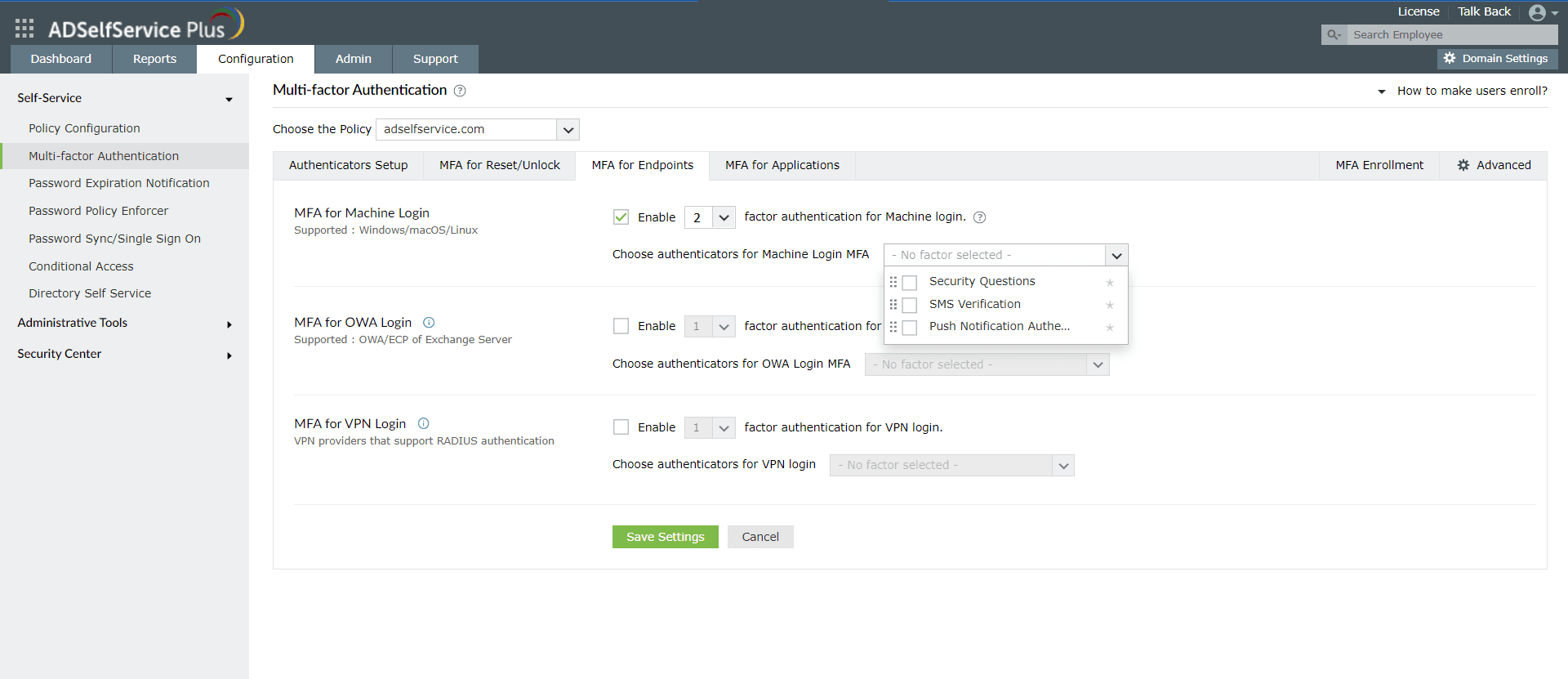 Offline MFA configuratie in ADSelfService Plus.