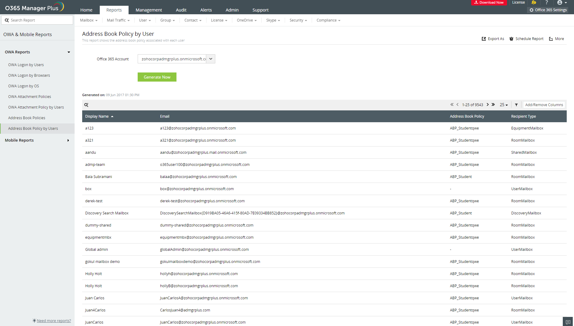 Outlook  Access reports O365 Manager Plus