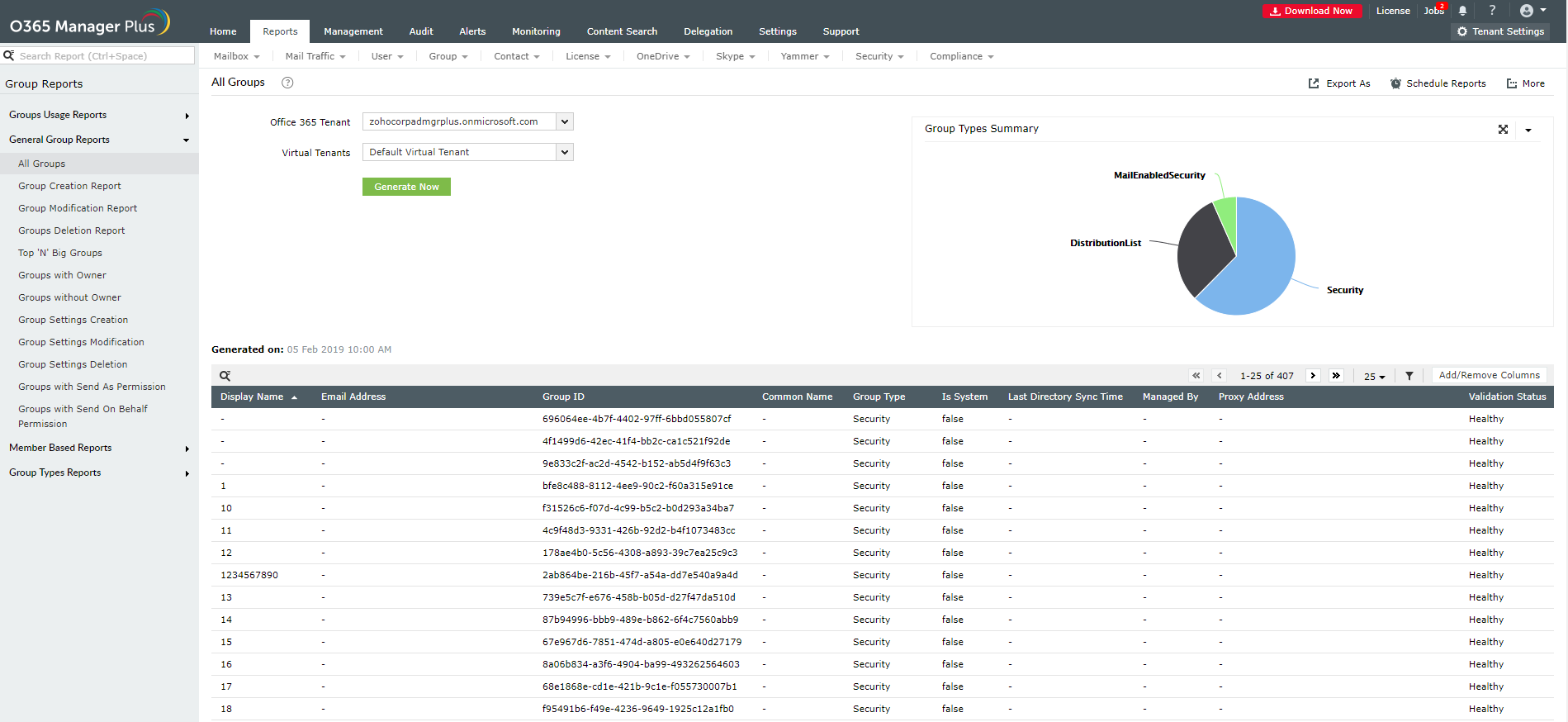 Office 365 group reports O365 Manager Plus.