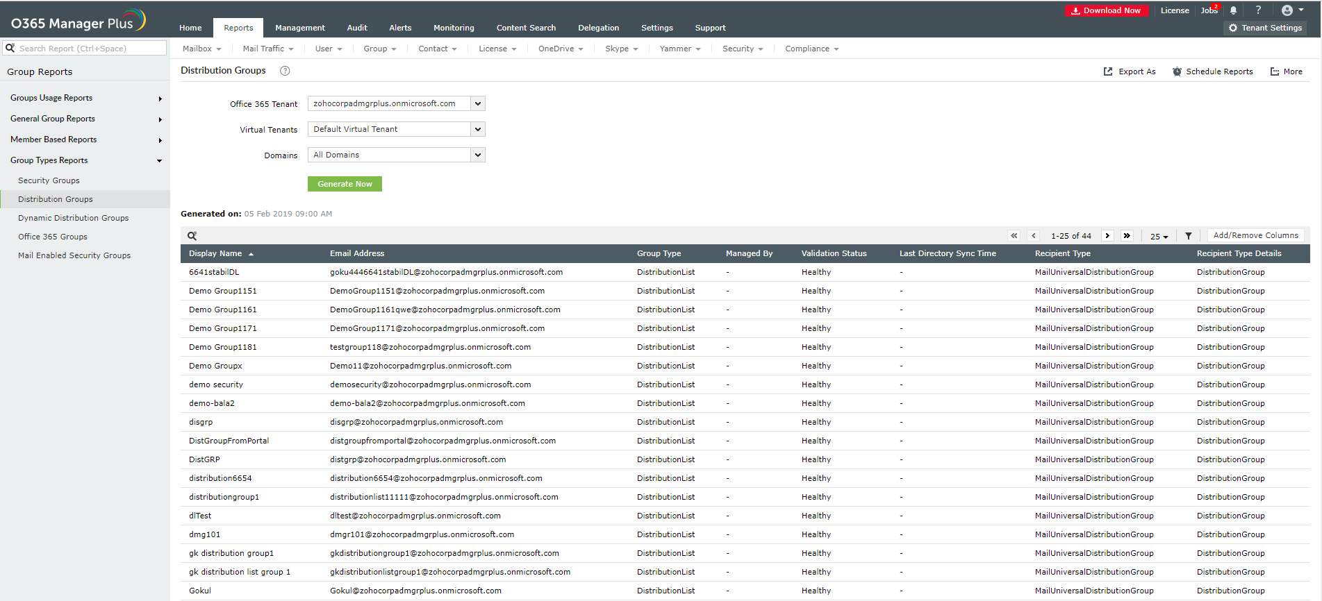 Office 365 group reports O365 Manager Plus.