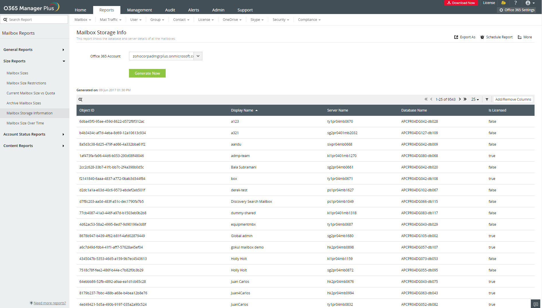 Office 365 Mailbox Size Reports O365 Manager Plus