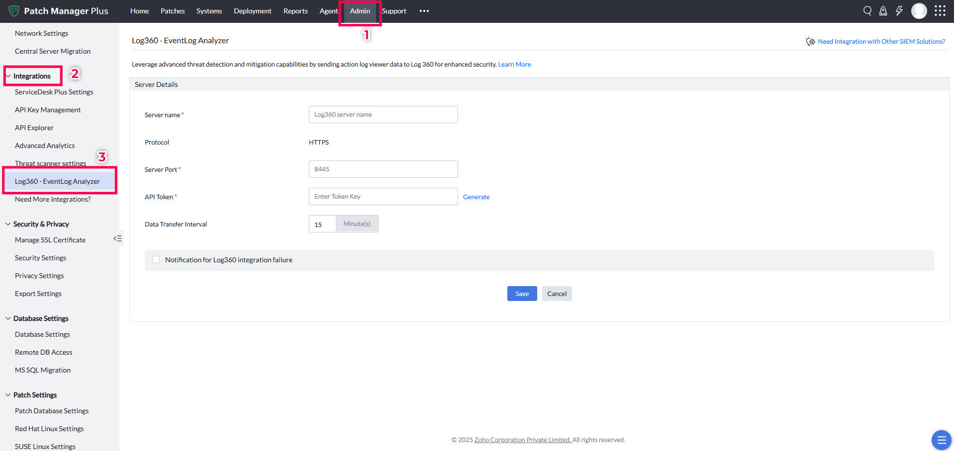 Log360 - EventLog Analyzer Integration | ManageEngine Patch Manager Plus