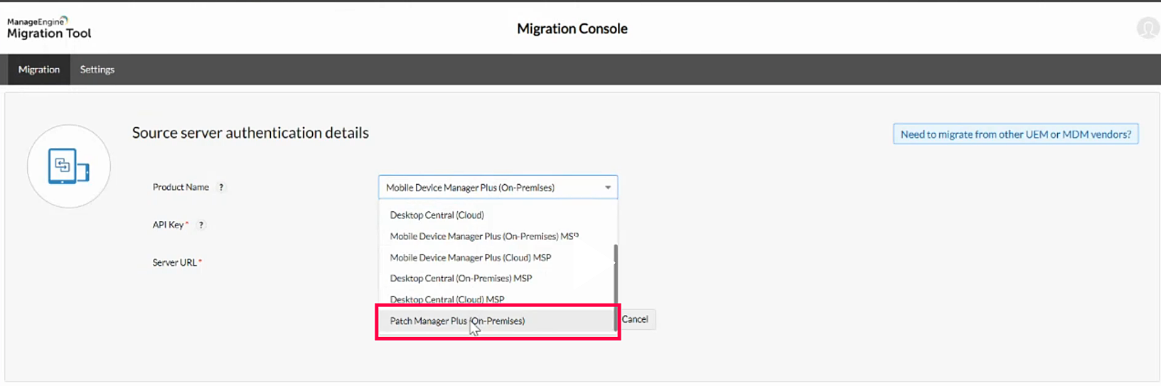 UEM Migration Tool console
