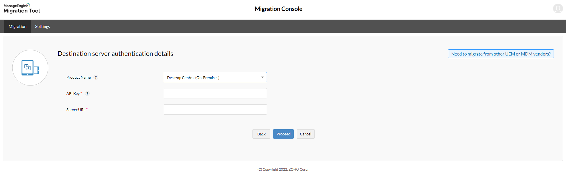 UEM Migration Console for destination server