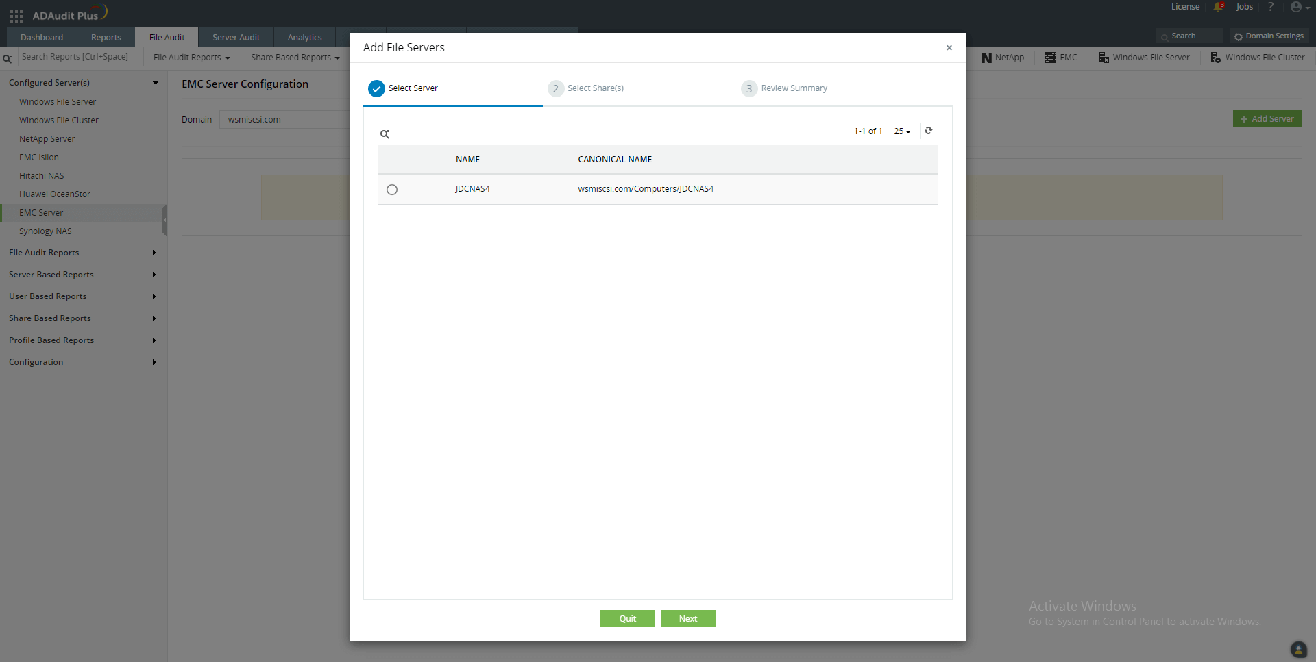 Dodawanie urządzeń pamięci EMC do konsoli ADAudit Plus