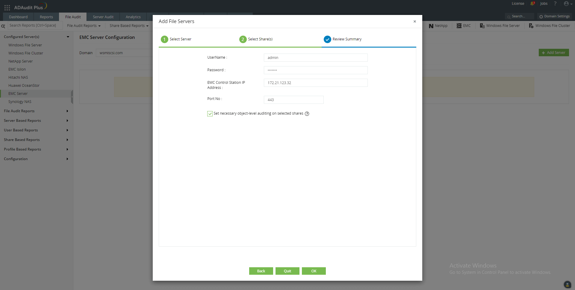 Dodawanie urządzeń pamięci EMC do konsoli ADAudit Plus