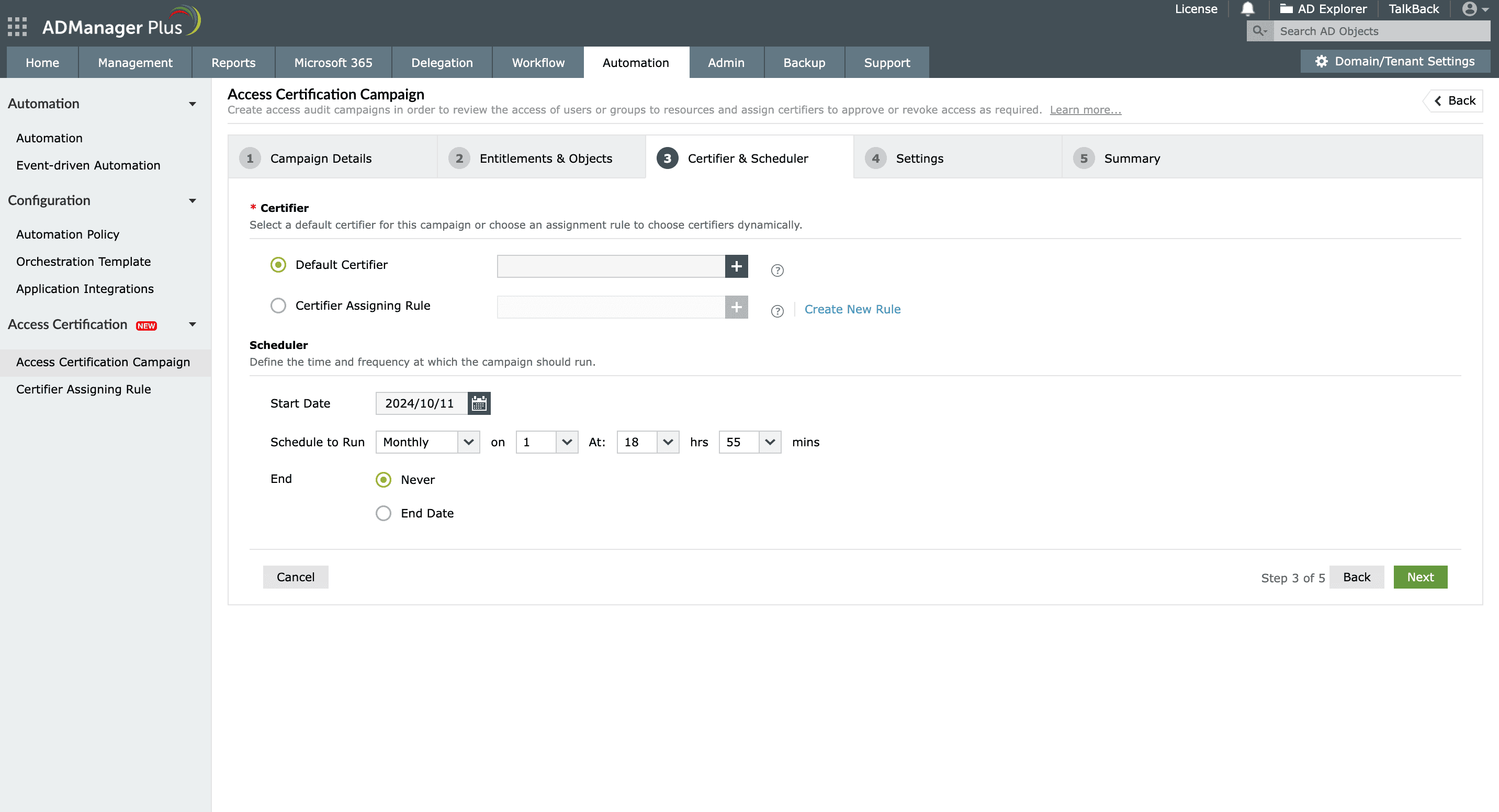 Planowanie kampanii recertyfikacji dostępu w ADManager Plus