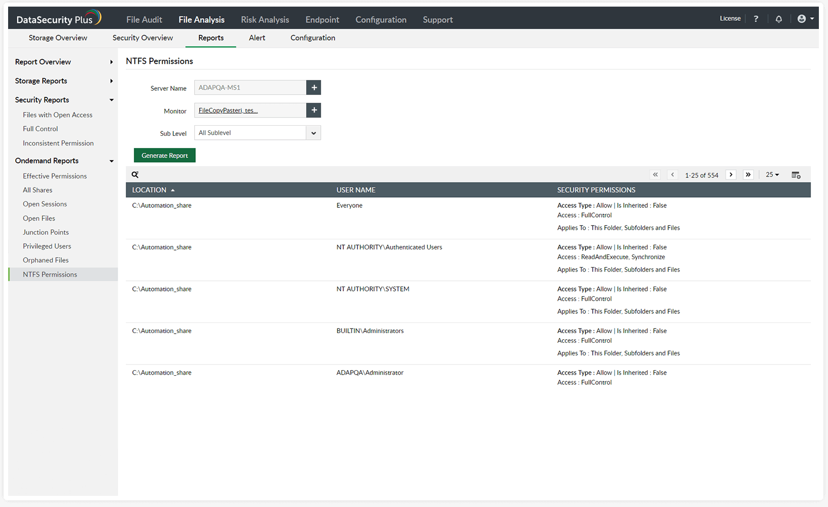 szczegółowe raporty z inspekcji uprawnień