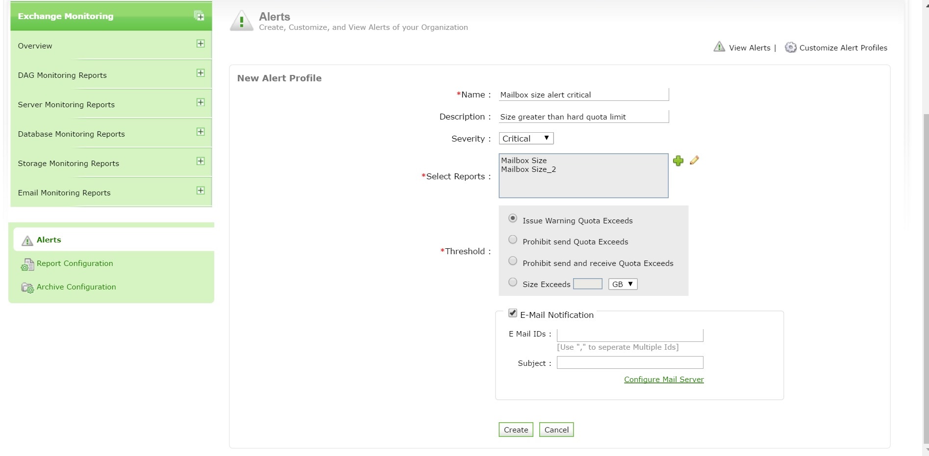 Monitorowanie przestrzeni dyskowej Exchange ExchangeReporter Plus