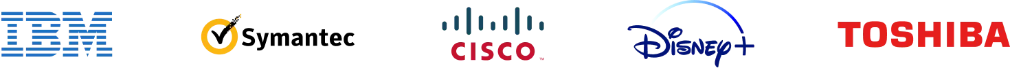 IBM, Symantec, Cisco, Disney Plus, and Toshiba logos