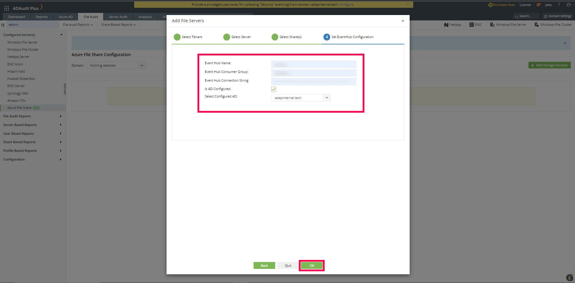 Configure Azure Files in ADAudit Plus Azure file share auditing guide