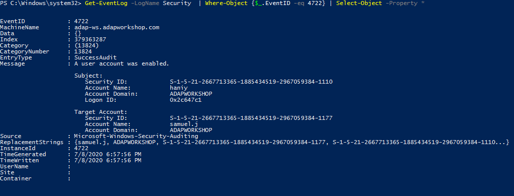 Steps to find who enabled a user account using PowerShell