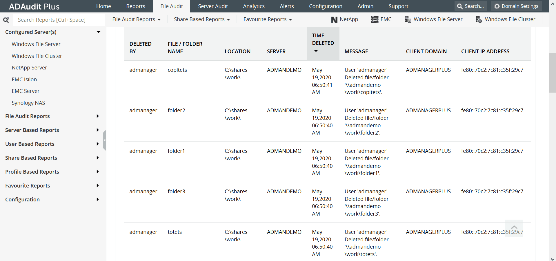 File audit report for Synology NAS file in ADAudit Plus
