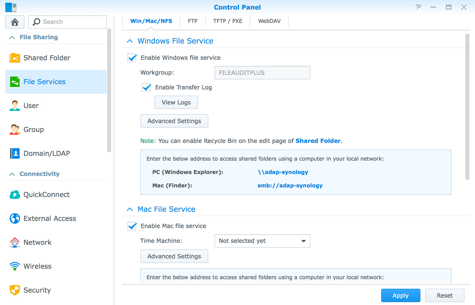 Synology NAS control panel