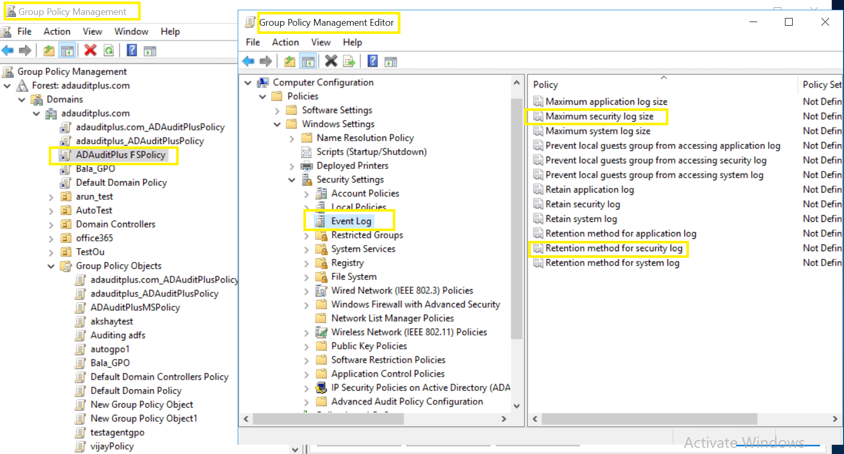 Configure event log settings