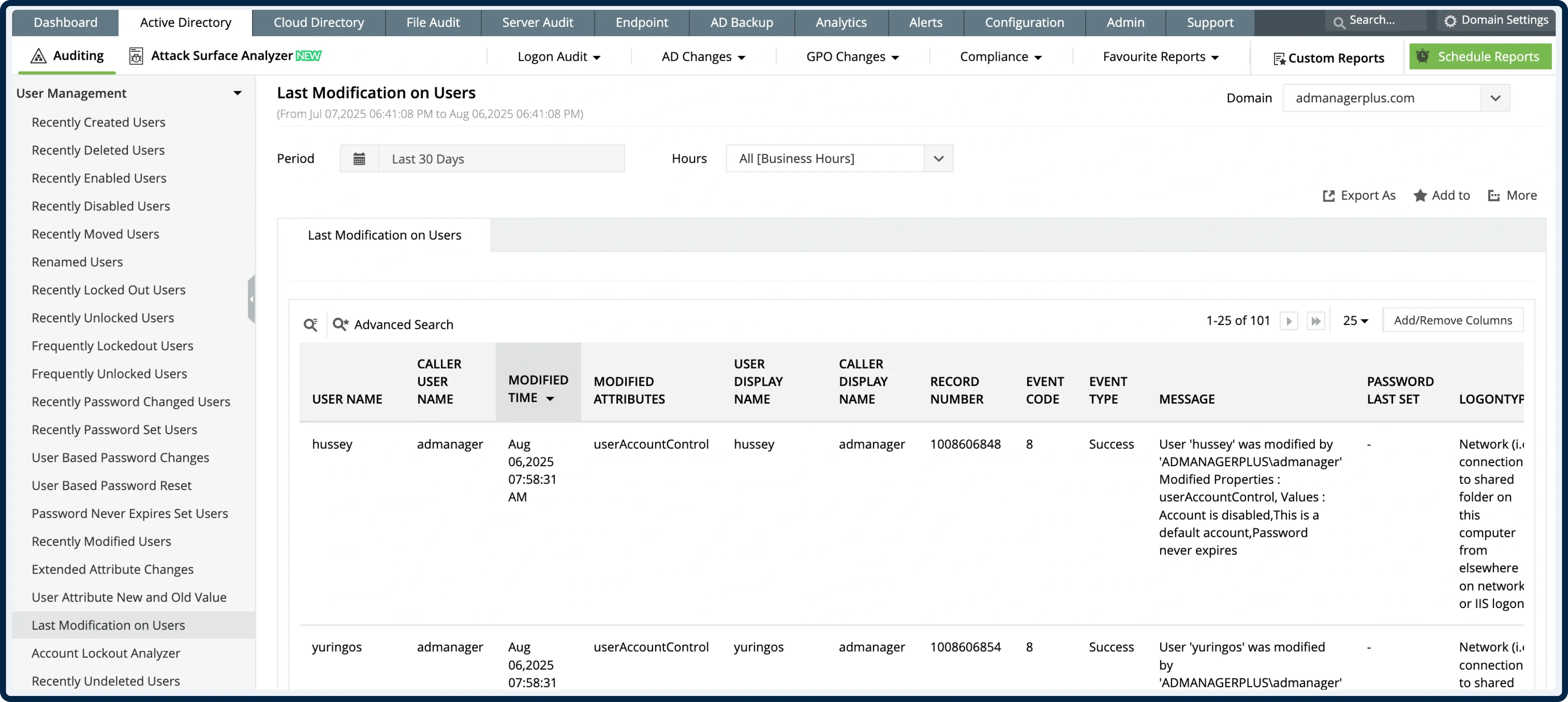 ADAudit Plus showing recent Event 4662 records with object name, operation type, user, and access mask