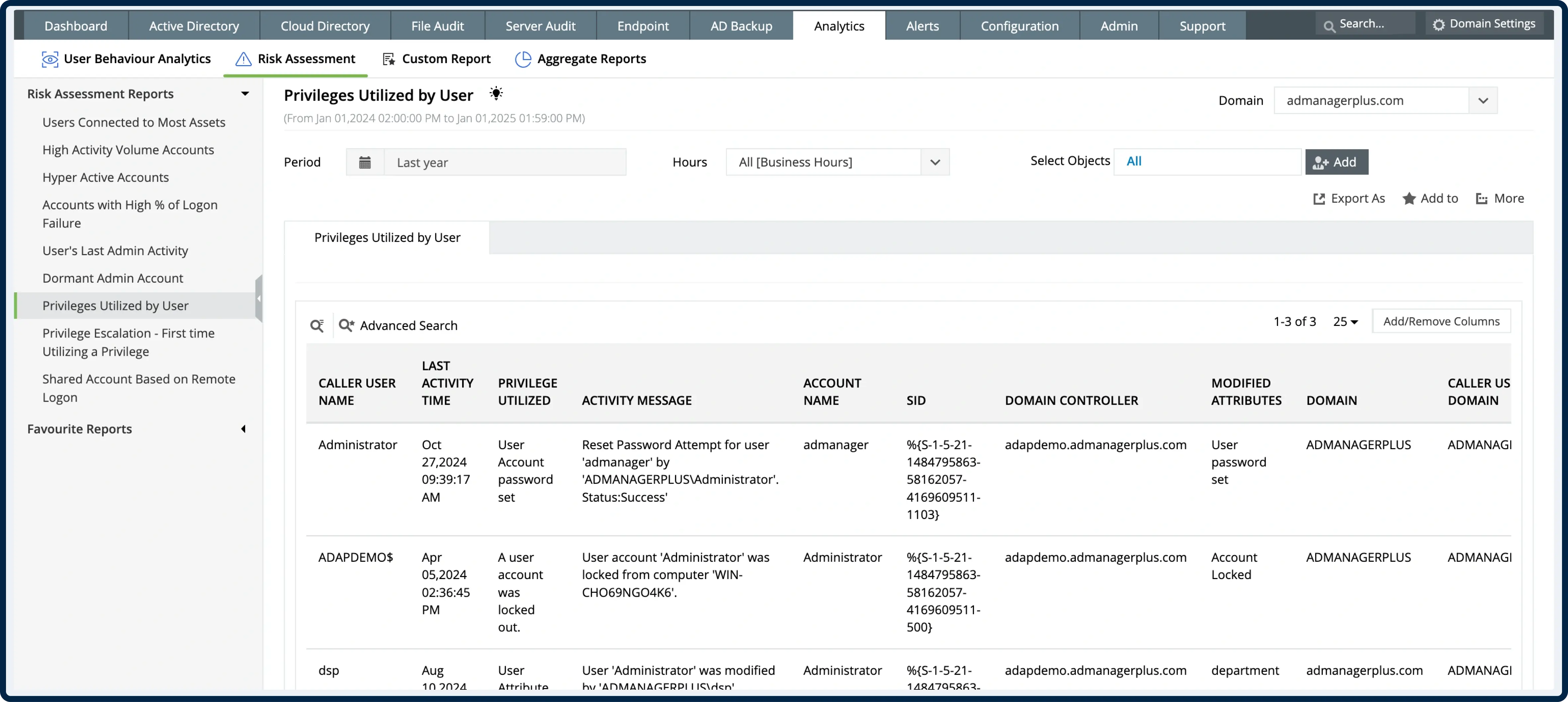 ADAudit Plus UI showcasing Event 4673 entries with process, privilege, user, and alert status
