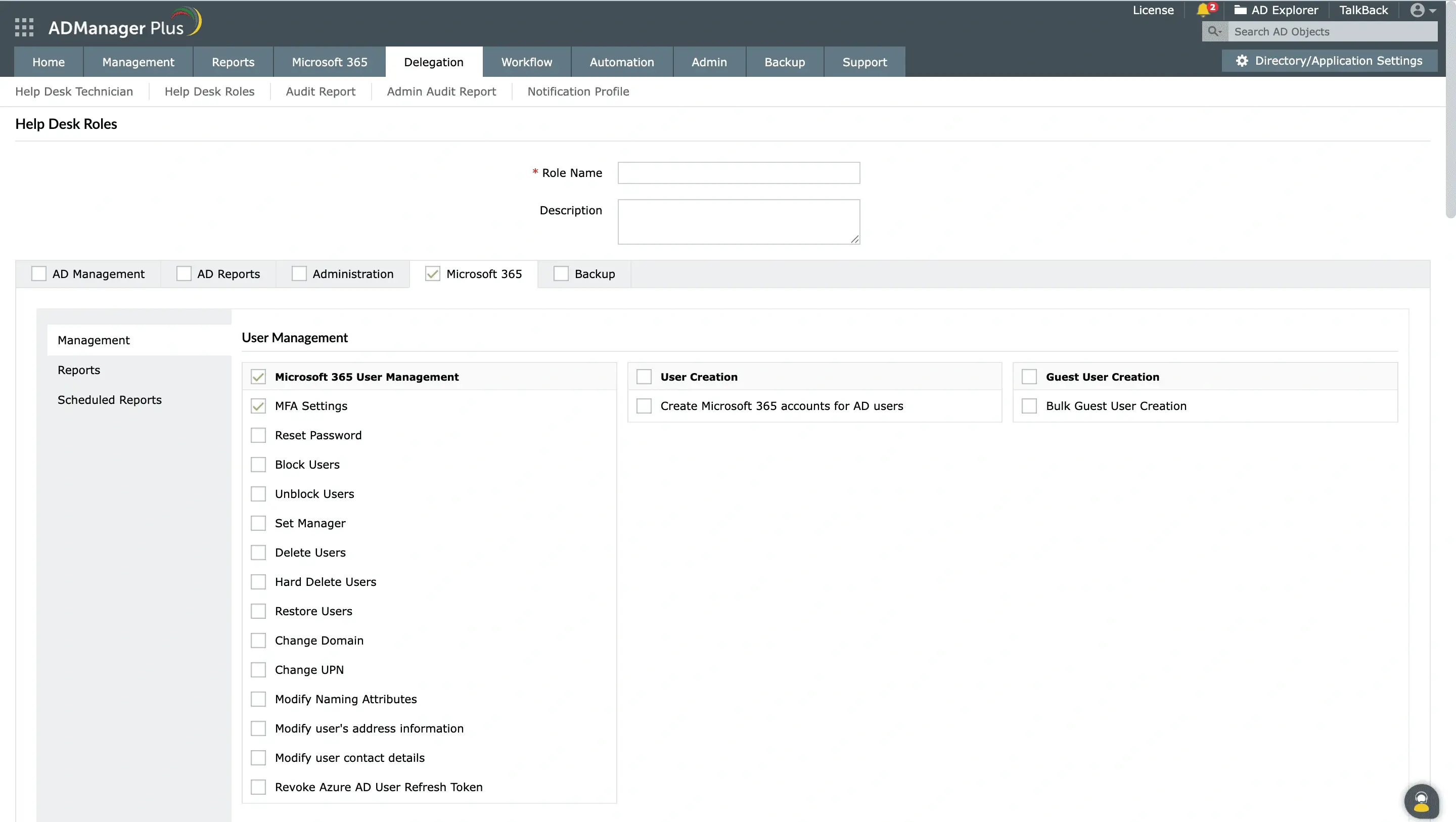 Configuring Microsoft 365 user management and account creation permissions in a Help Desk Role 