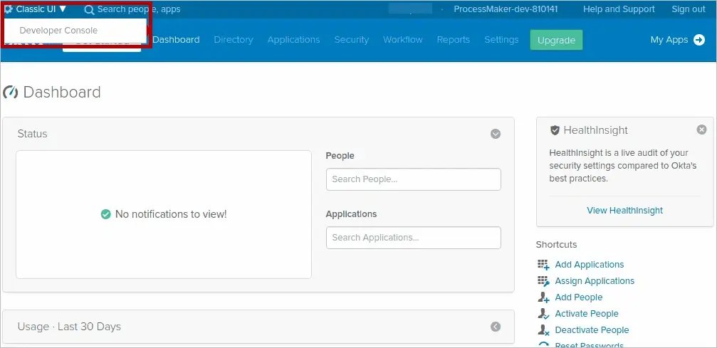 Switching to the Classic UI in the Okta admin console 
