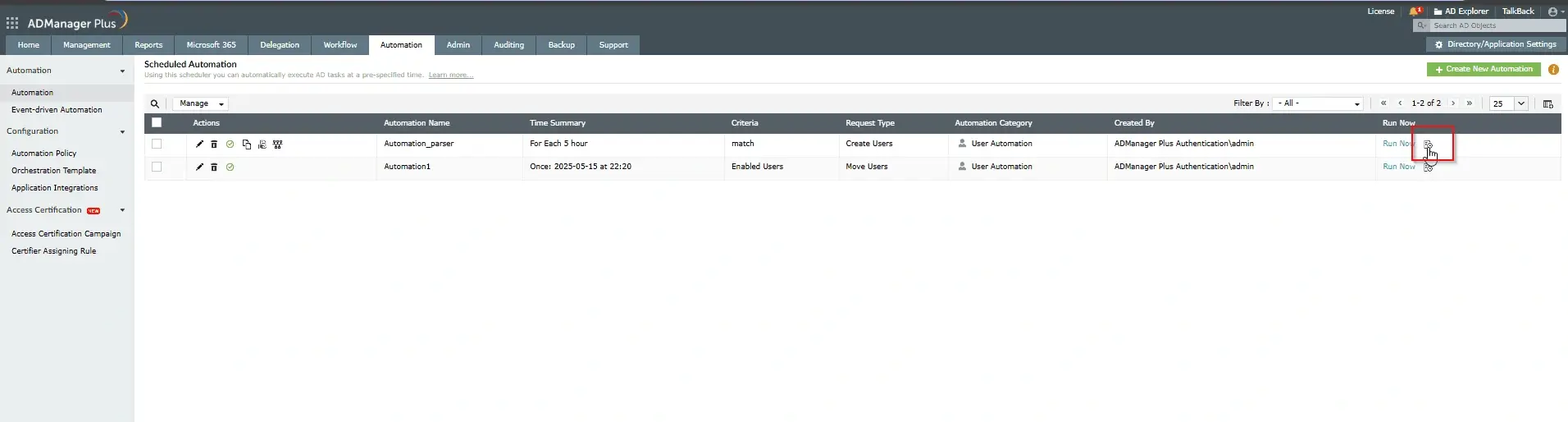 Running a scheduled automation task immediately in ADManager Plus 