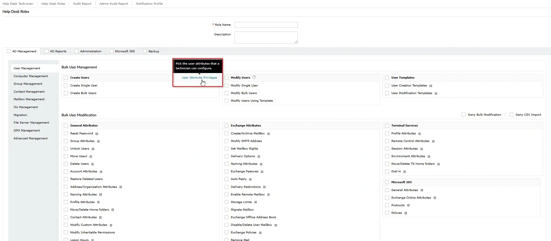 Accessing User Attribute Privileges while configuring a Help Desk Role in ADManager Plus 