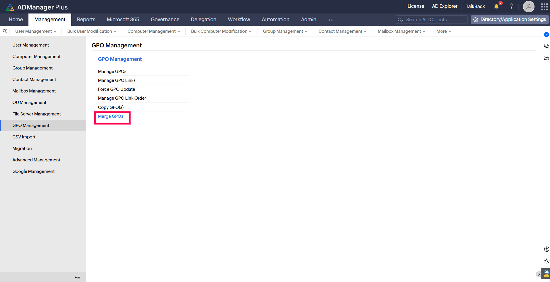GPO Management page with the Merge GPOs option highlighted.