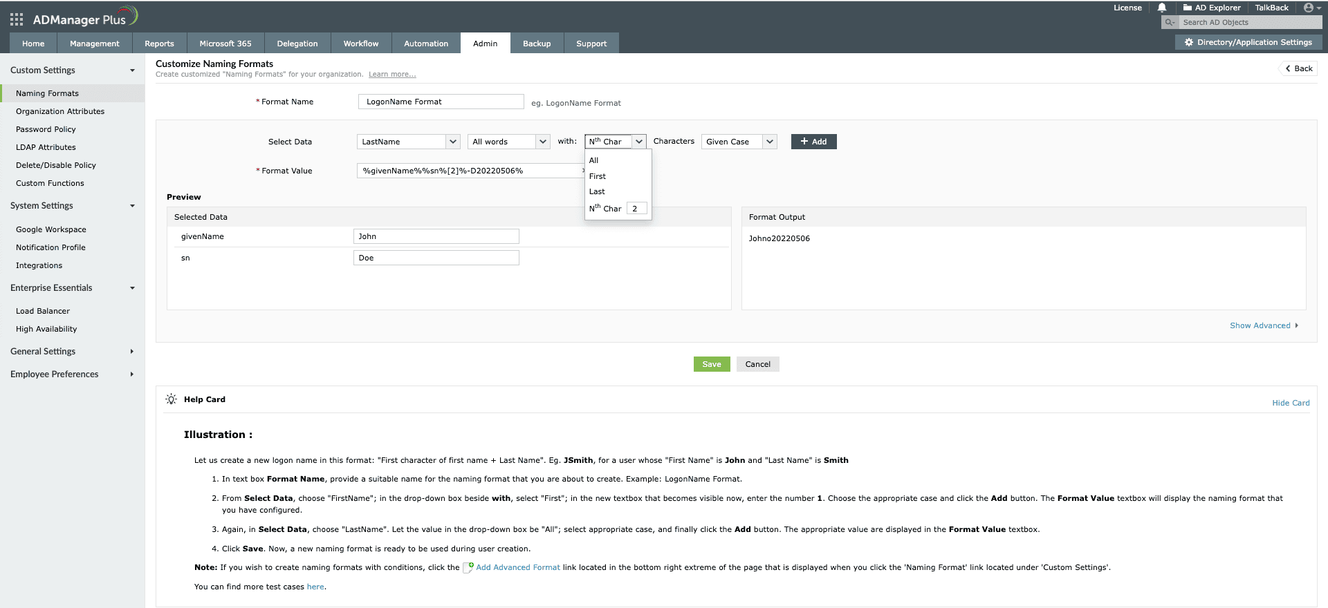 Logon name format using full first name, specific character of last name, and date in ADManager Plus.