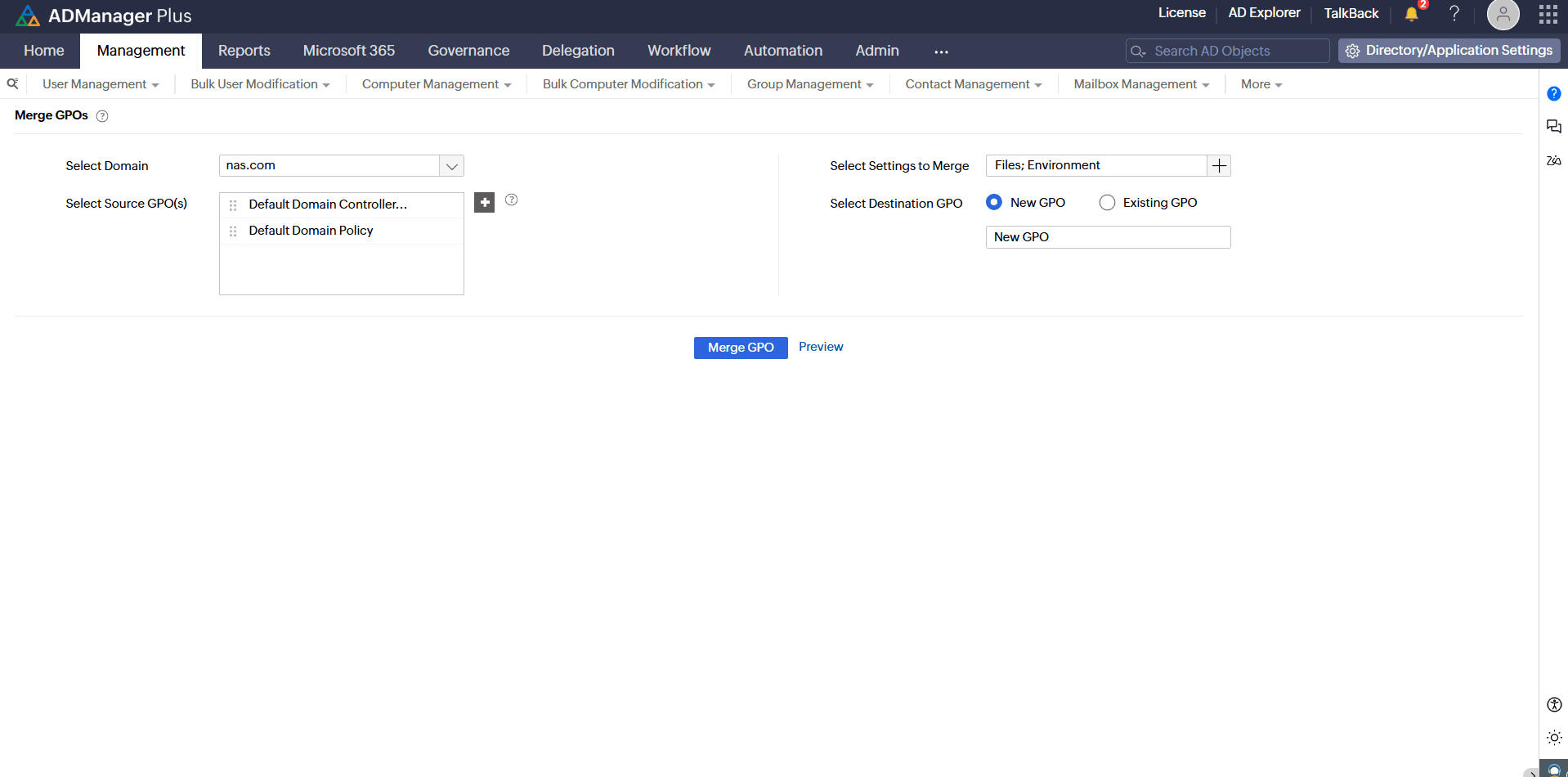 Merge GPOs page with source GPOs, merge settings, and destination GPO options.