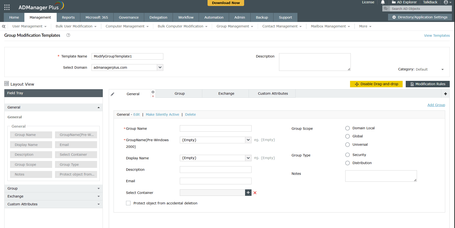 How to update active directory groups using modification rules in a template.