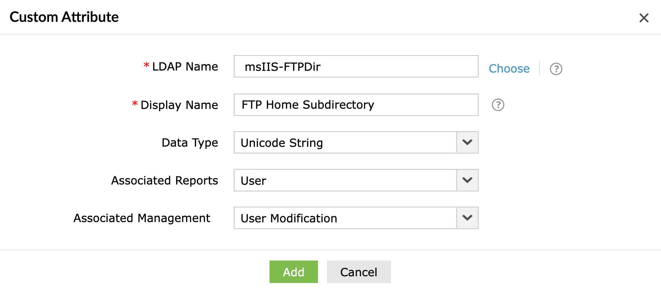 Adding msIIS-FTPDir as a custom attribute in ADManager Plus.