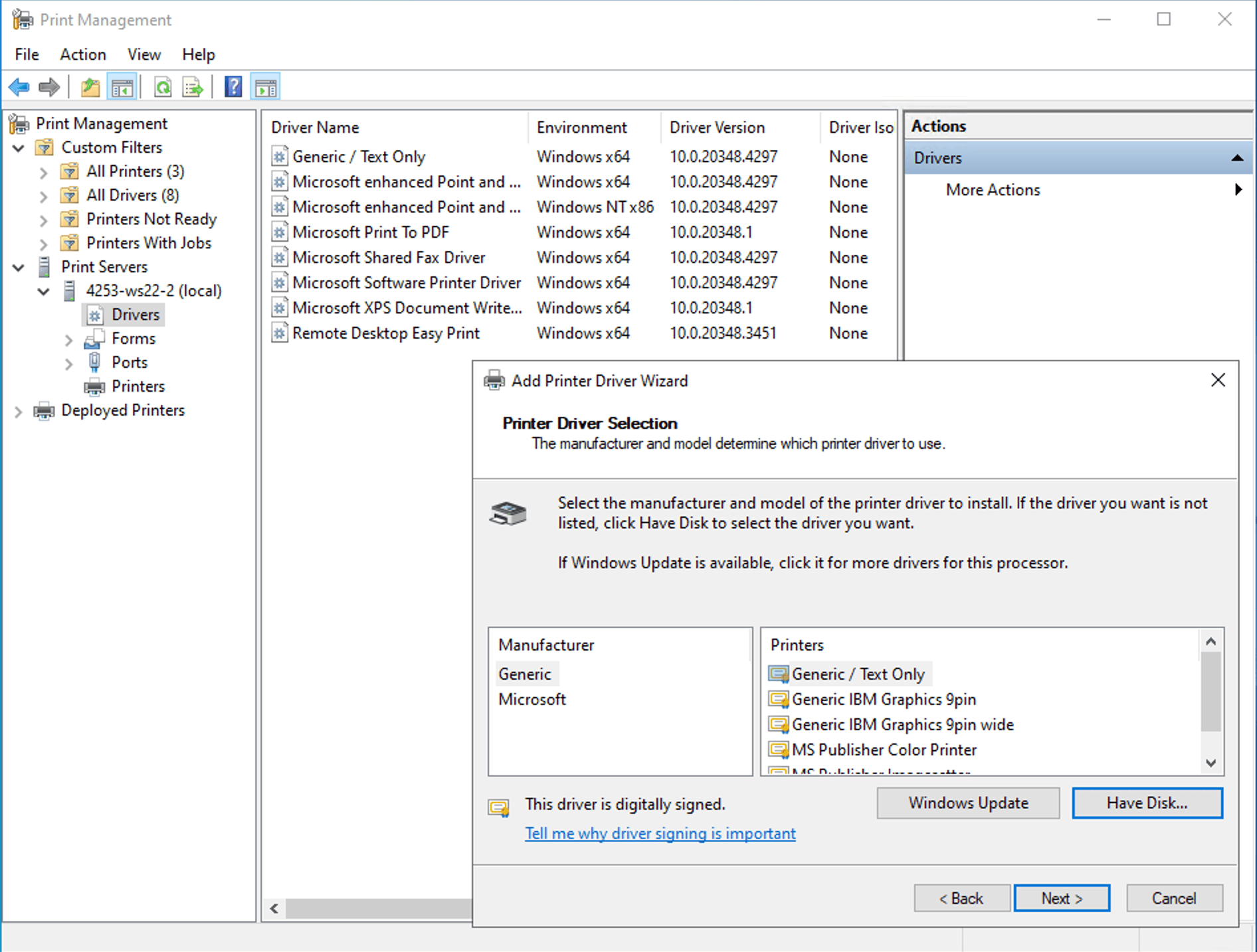 Setting up and sharing the printer using Print Management