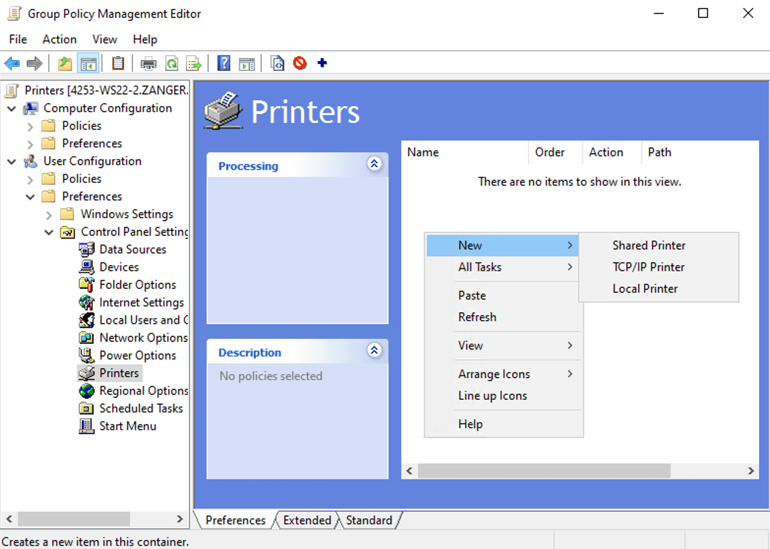 Adding a new Shared Printer under User Configuration > Preferences > Control Panel Settings > Printers in Group Policy Management Editor