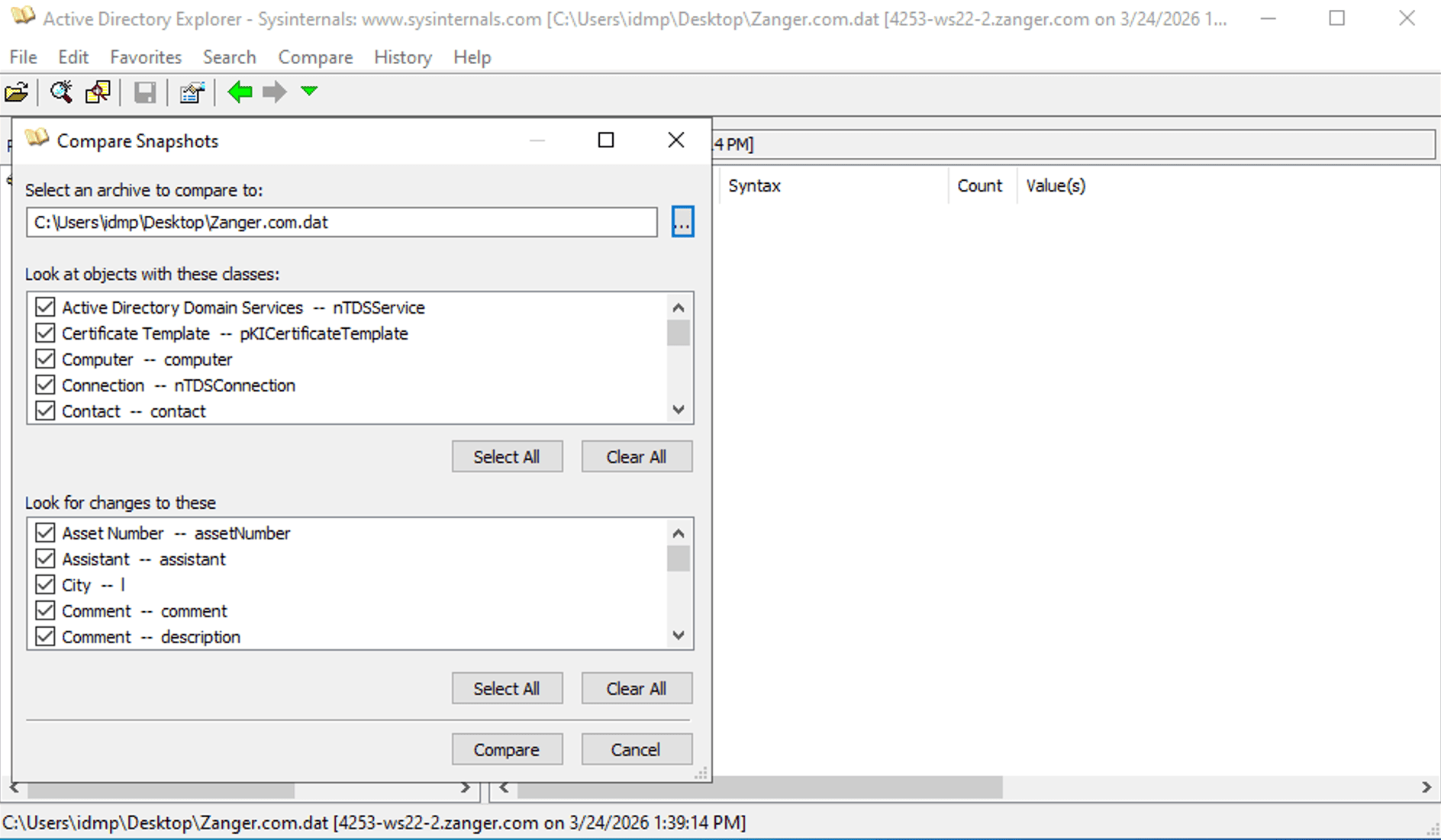 AD Explorer Compare Snapshots dialog with object classes and attributes selected for comparison.