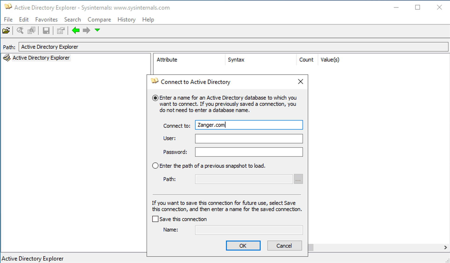 Connect to Active Directory dialog in AD Explorer