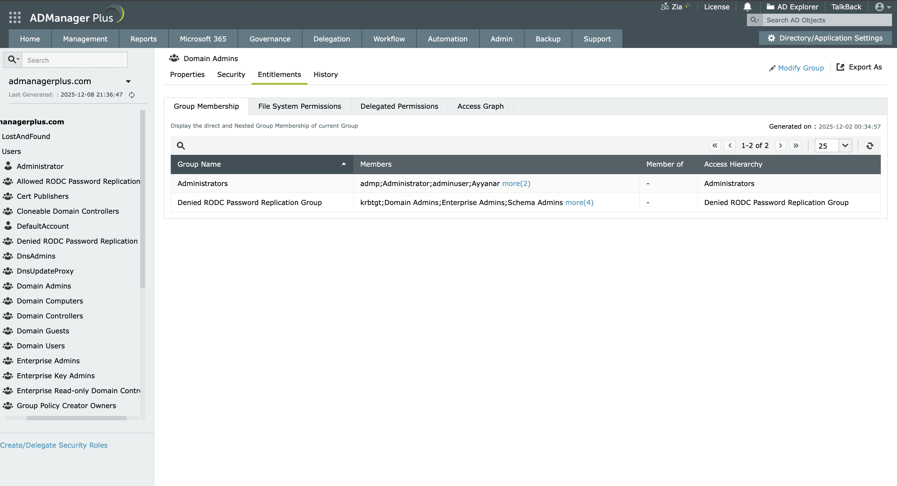 The AD Explorer in ADManager Plus showing nested group membership and access hierarchy.