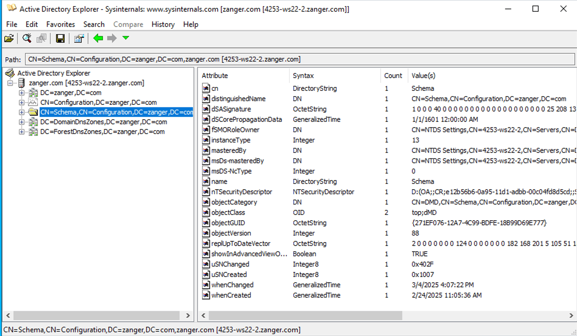 AD Explorer showing schema partition attributes with syntax types and values.