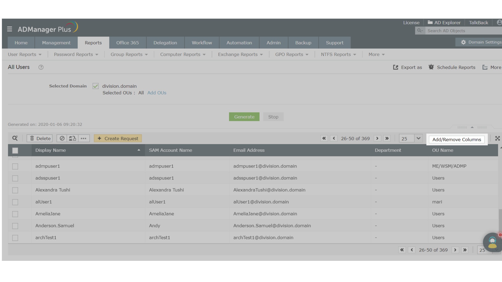 Screenshot of ADManager Plus with Add/remove columns (attributes) option in All users report