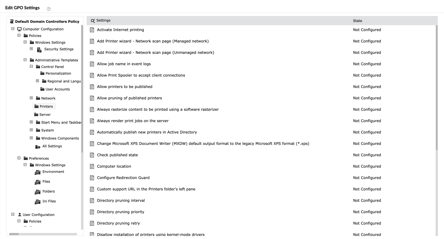 ADManager Plus' Edit GPO Settings interface showing printer-related policies