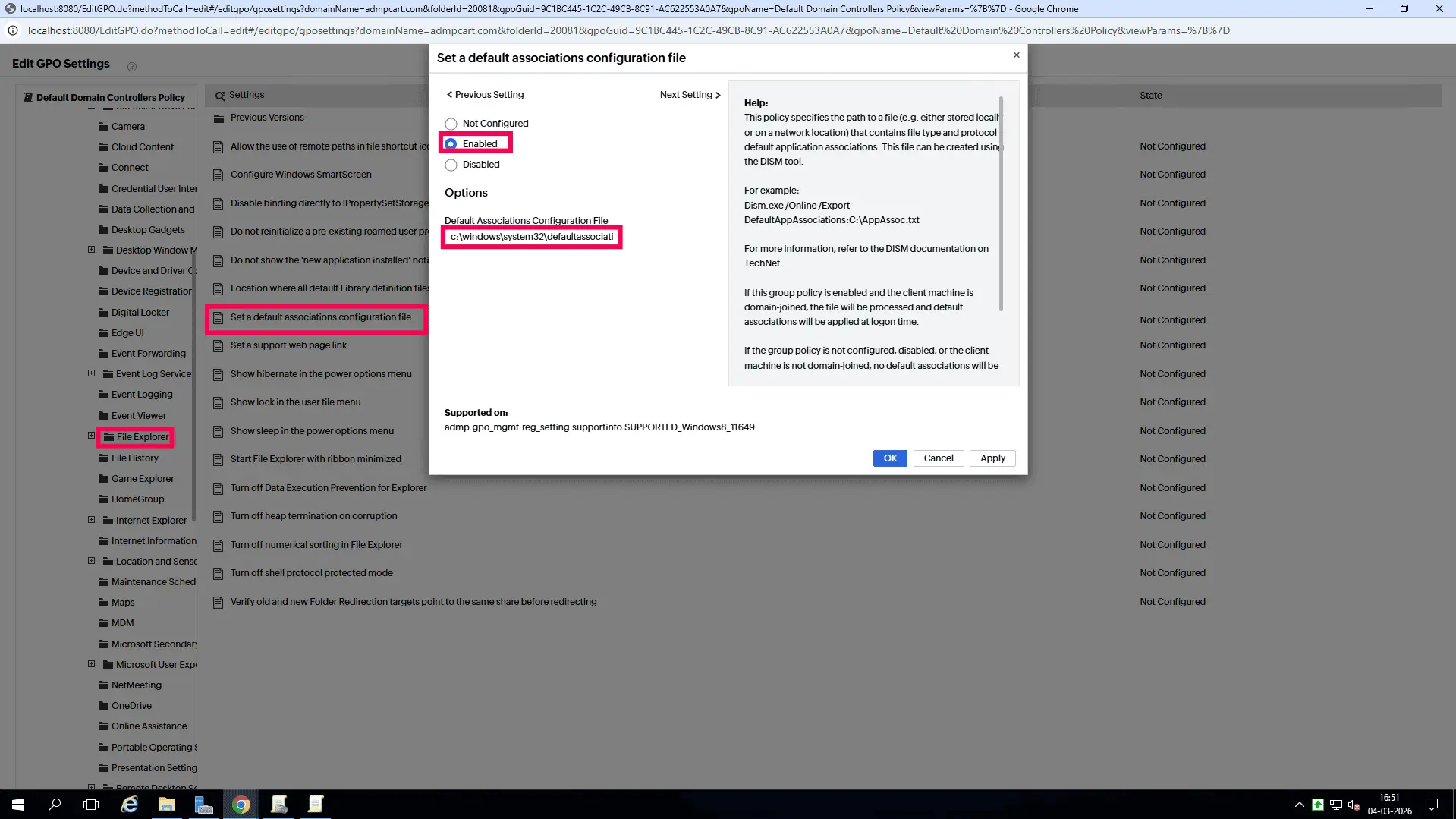 The ADManager Plus GPO management console showing the Set a default associations configuration file policy enabled with a network path entry.