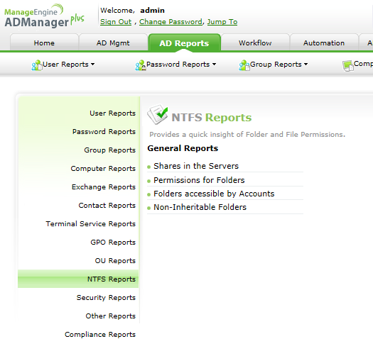 Informes de gestión de permisos de archivos NTFS en ADManager Plus