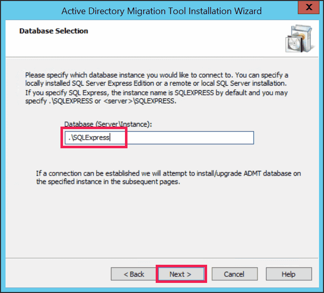The Database Selection screen in the ADMT wizard with the local SQL Express instance (.\SQLEXPRESS) entered.