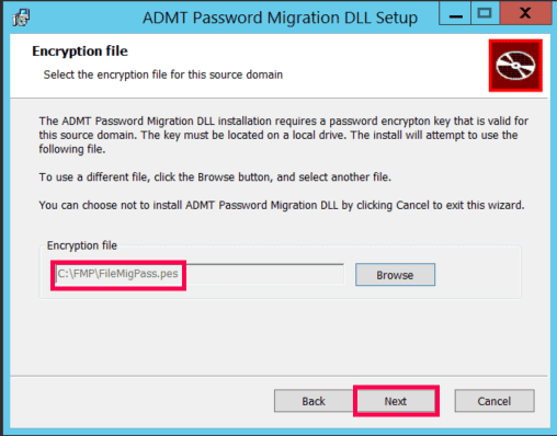 Selecting the .pes encryption file during PES setup.