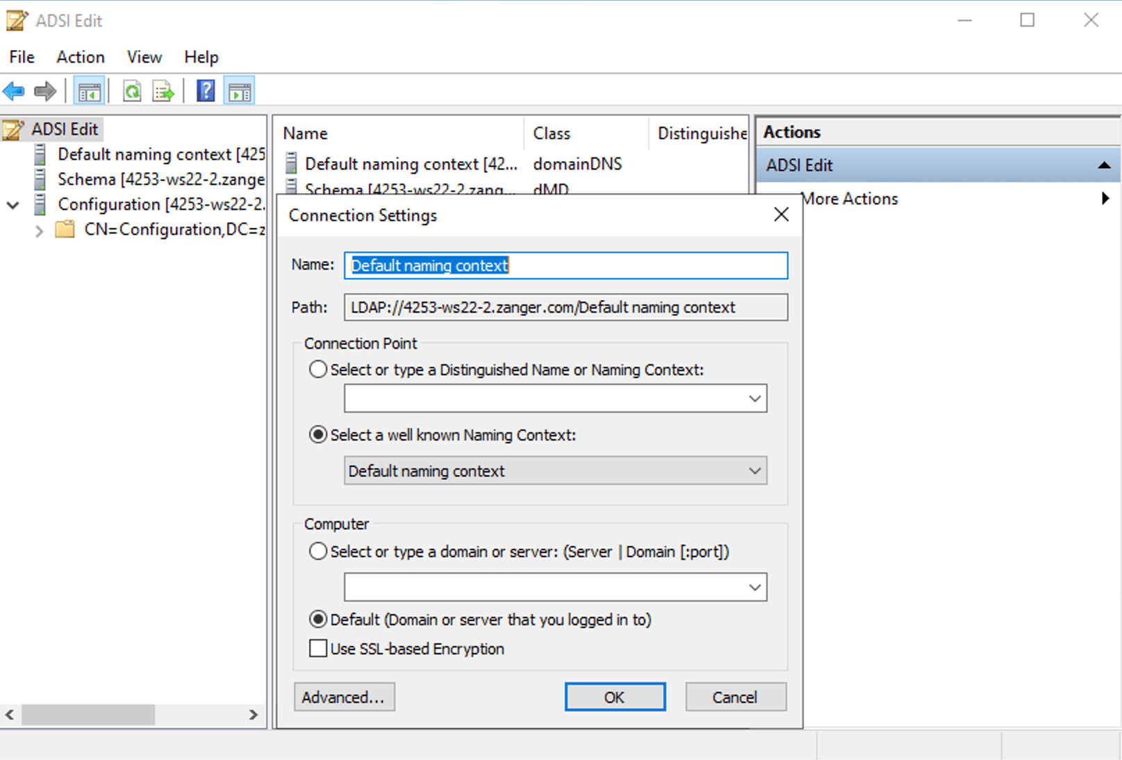 ADSI Edit Connection Settings dialog with Default naming context selected as the naming context