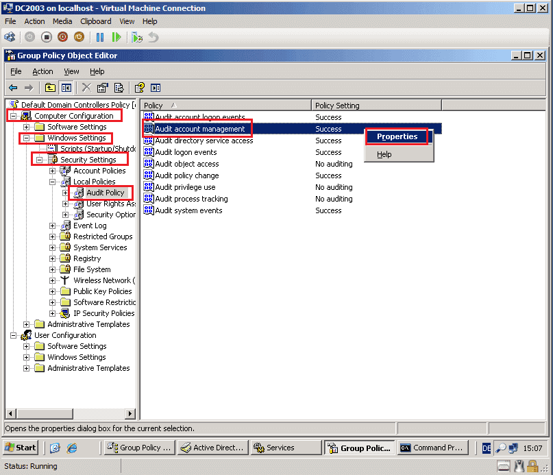 Use the Group Policy Object Editor to manage Audit account management.