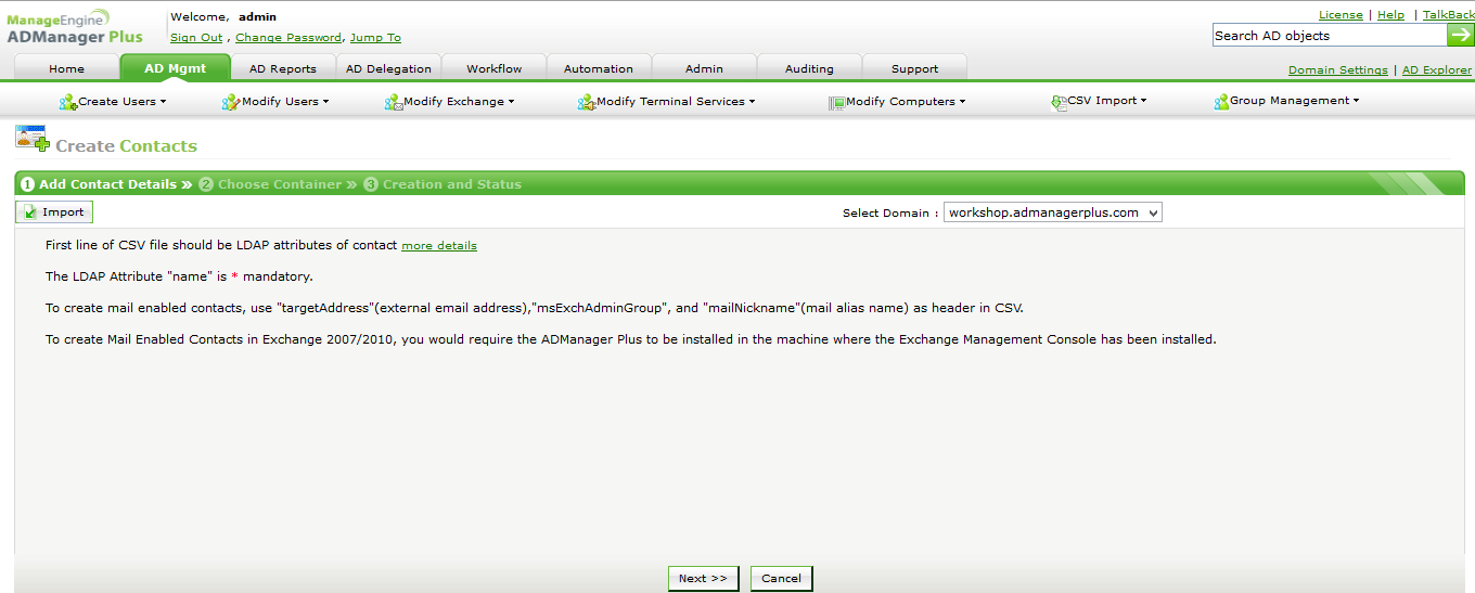 Active Directory bulk contacts import tool ADManager Plus