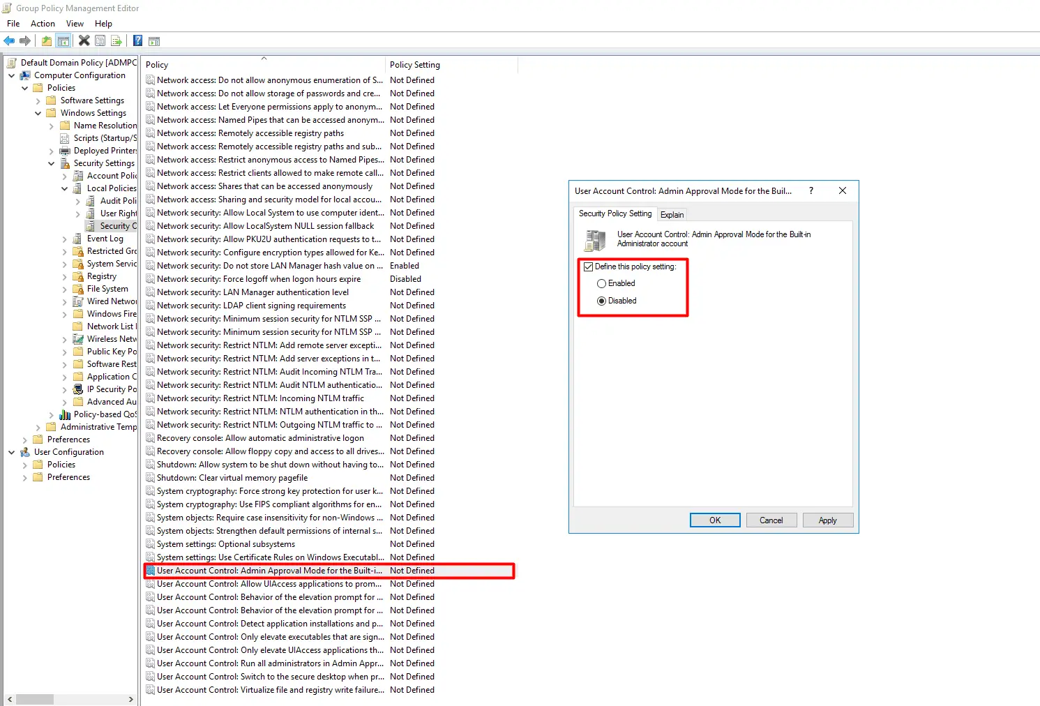 The Group Policy Management Console (GPMC) with the User Account Control: Admin Approval Mode option selected and configured to Disabled.