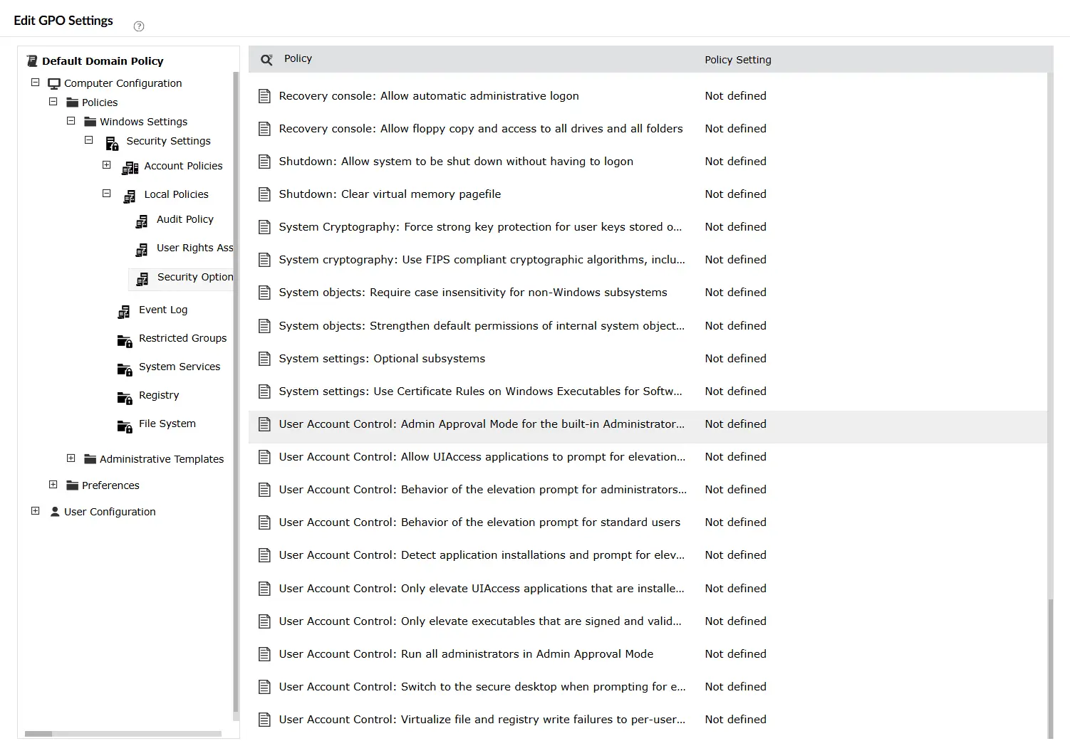 The User Account Control: Admin Approval Mode setting selected and toggled to Disabled in the Manage GPO Settings task of ADManager Plus.