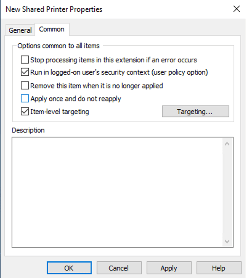 Common tab in Shared Printer Properties with Run in logged-on user's security context and Item-level targeting enabled